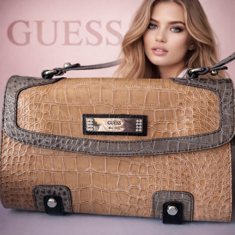 GUESS Croc-Embossed Shoulder Bag – Chic Neutral Statement Piece ✨